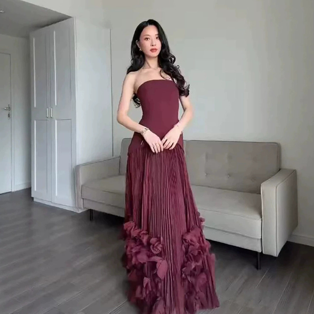 Zara Strapless Waist Cinching Tie Pleated 3D Flower Flared Evening Dress